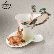 2016 neue Ankunfts Hirsche Kaffeetasse Farbige Emaille Porzellan Bone China Teebecher Mit Untertasse Und Löffel Kreative Geschenk Caneca Copo
