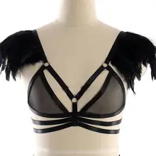 Кружевной бюстгальтер с перьями, клетка, жгут, плечи, крылья, прозрачный топ, бюстгальтер с бретельками, танцевальный костюм