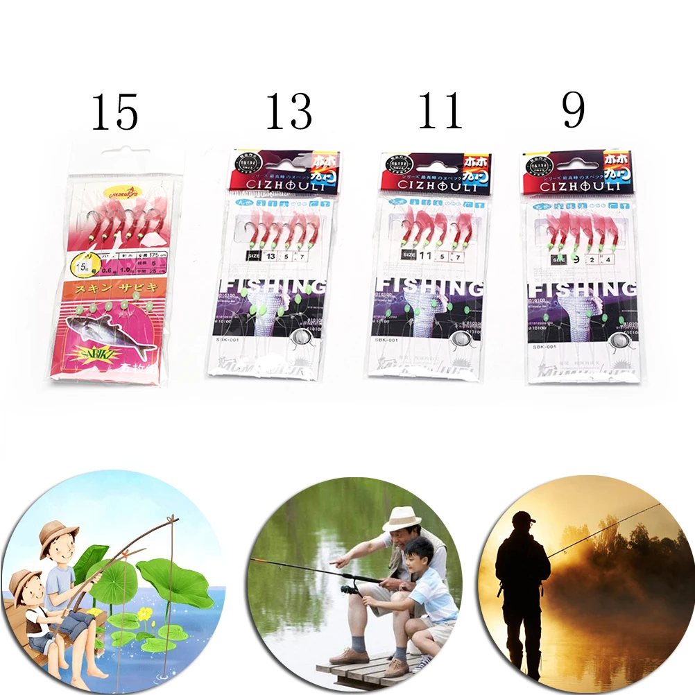 6PCS/Lot Red Sabiki Tackle Rigs Saltwater Sea Fishing Lure Trolling Hook Bait Fluorocarbon Leader Fishing Gear #9/#11/#13/#15