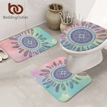 

BeddingOutlet Mandala Bath Mat 3pcs Absorbent Non-slip Bohemian Feather Mat Set for Bathroom Toilet Seat Cover Pink and Blue Rug