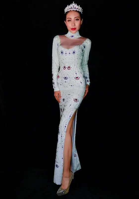 Кристиа Белла, сексуальное женское вечернее длинное платье с белым жемчугом, с длинным рукавом, с кристаллами, с высоким разрезом, вечерние платья для сцены, костюмы певицы