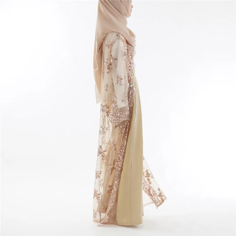 New Muslim Women Summer Lace Sequin Cardigan Long Sleeve Maxi Dress Kimono Open Abaya Robe Kaftan Dubai #4F08 (18)