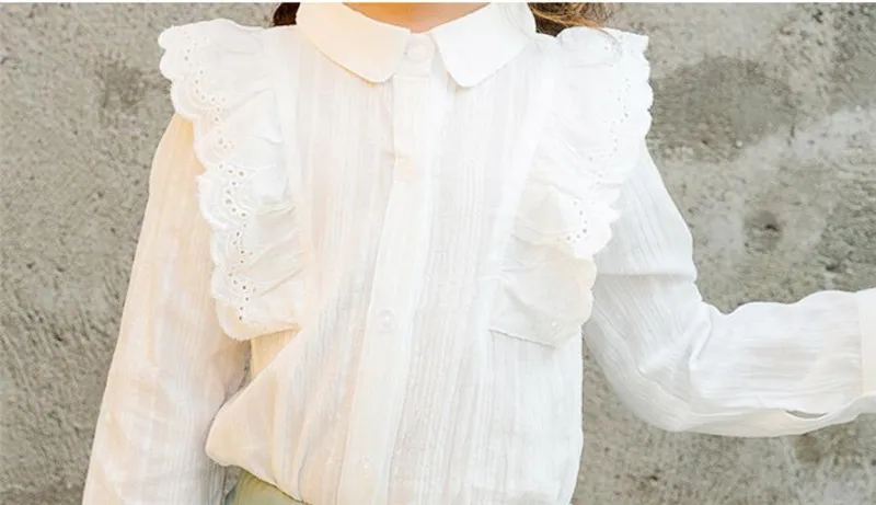 Блузка для девочек, рубашки с кружевными оборками, детская одежда для малышей, хлопковые белые школьные топы и блузки с длинными рукавами для девочек