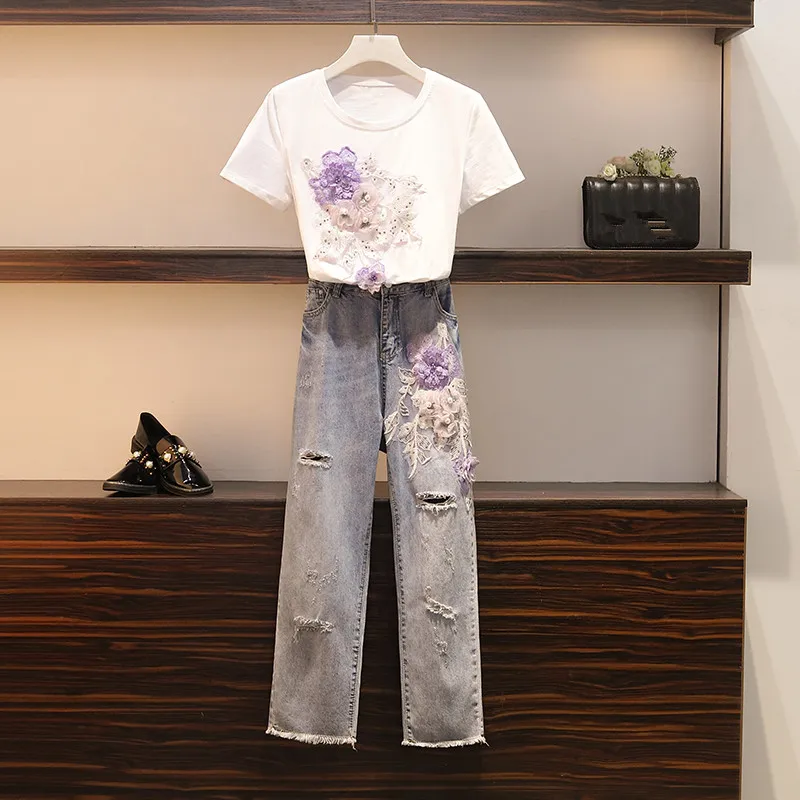 

XL-5XL Plus Size Women T Shirts Jeans Suits Summer 3D Floral Embroidery Beading Tshir + Fashion Hole Tassel Denim Pants Sets