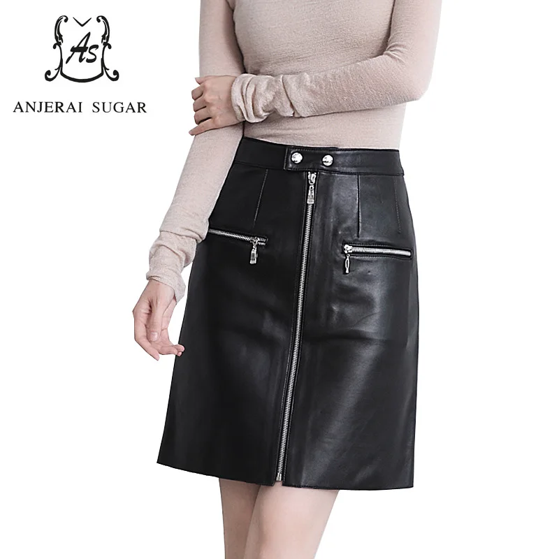 spring autumn women genuine leather skirt female slim black zipper