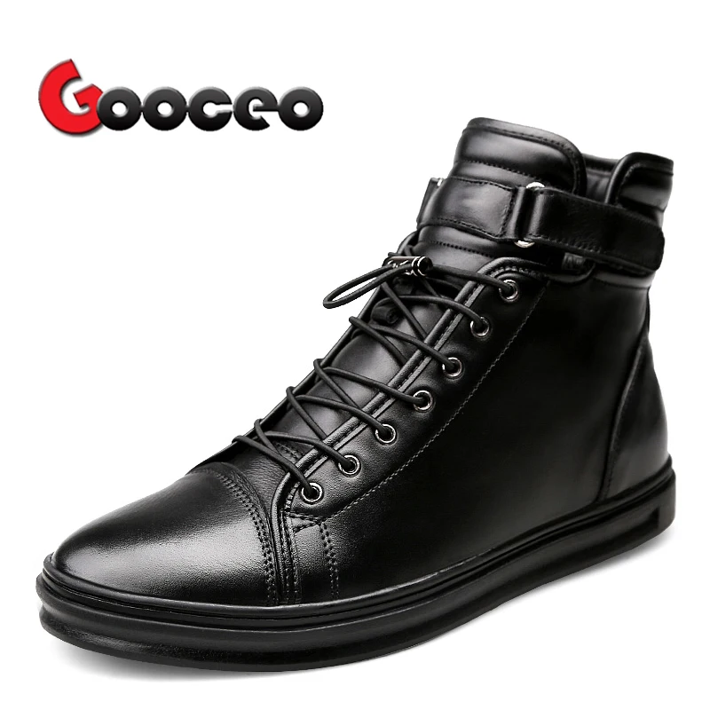 

Men's Flats Skateboarding Shoes Cotton Padded Boots High-top Cow Genuine Leather Winter Warm Black Fashion Lace Up Men 6 inch