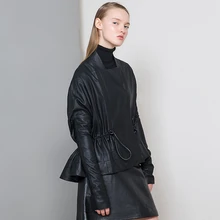 Куртка из овчины, кожаная куртка, новинка, модная куртка с длинными рукавами, плиссированная, свободная, черная куртка, классический дизайн, большие размеры