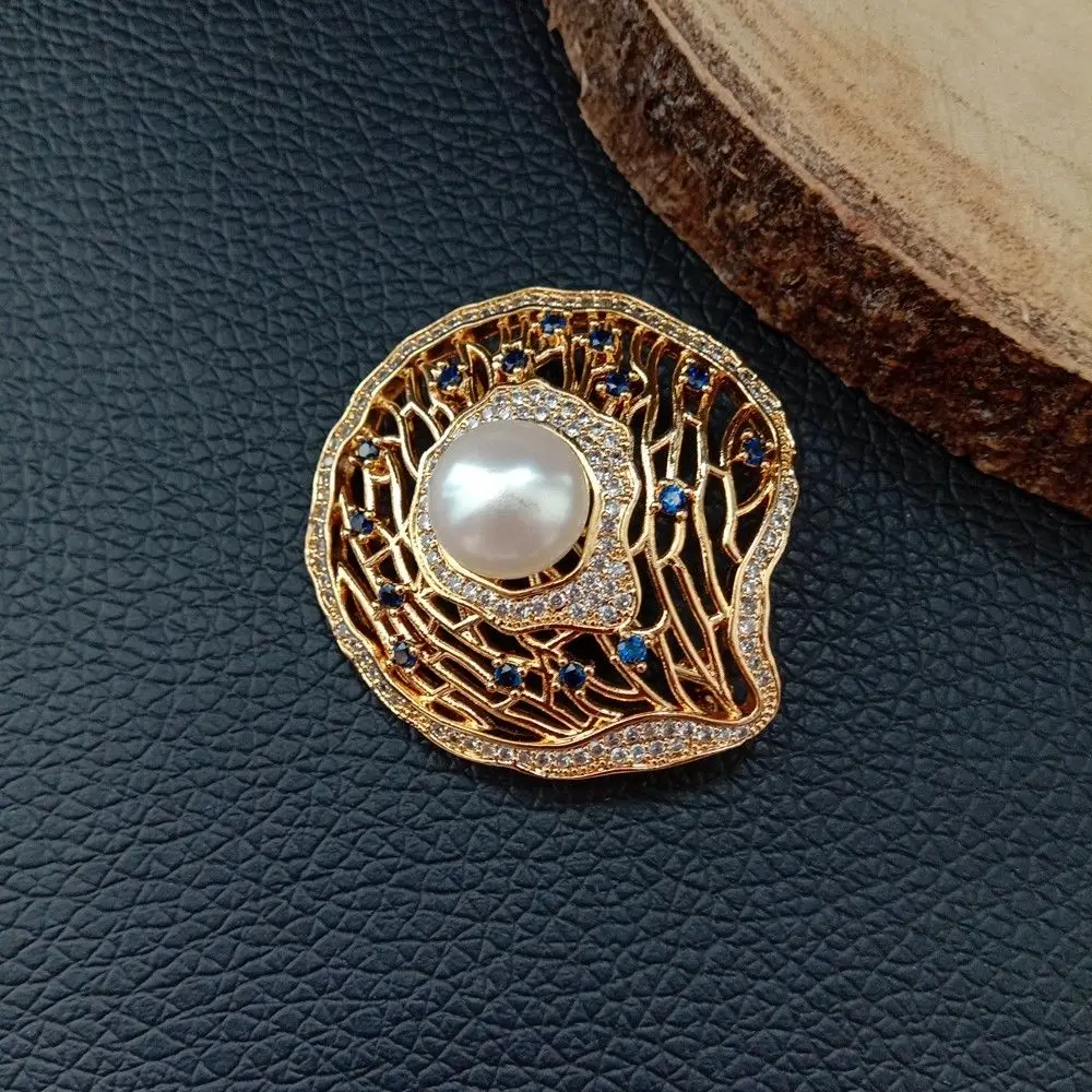 

White Pearl Yellow Golden Plated CZ Pave Brooch