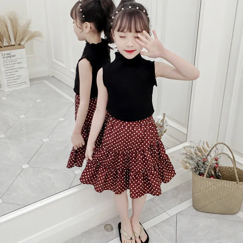 

Mihkalev kids clothes girls summer set black tshirt+dot skirt 2pieces baby girl outfits children clothing sets kids tracksuit