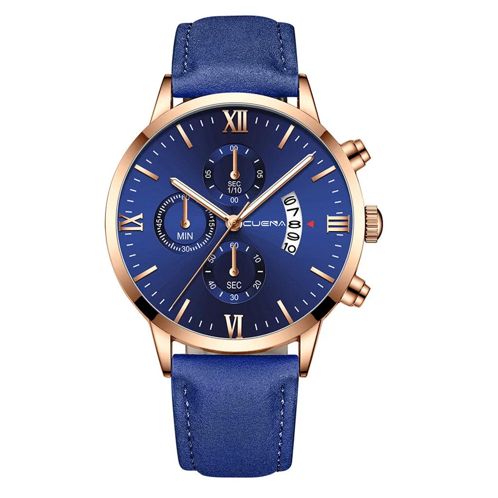 CUENA Brand Men's Wrist Watch Sport Stainless Steel Case Leather Band Quartz Analog watch man watches mens relogio masculino - Цвет: P