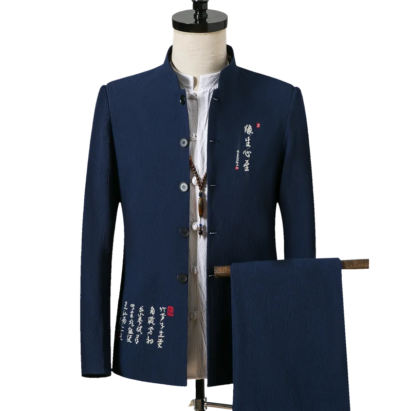 

M-4XL Traditional Chinese Collar Tunic Suit Set Long Sleeve Jacket + Pants Mens Wedding Suits 2pcs Office Wear Big Size XXXXL