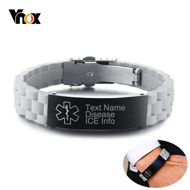 

Vnox Men Free Write Text Disease Name Medical Bracelet for Women Casual Silicone Wrist ID Bangles with Custom ICE Reminder Info