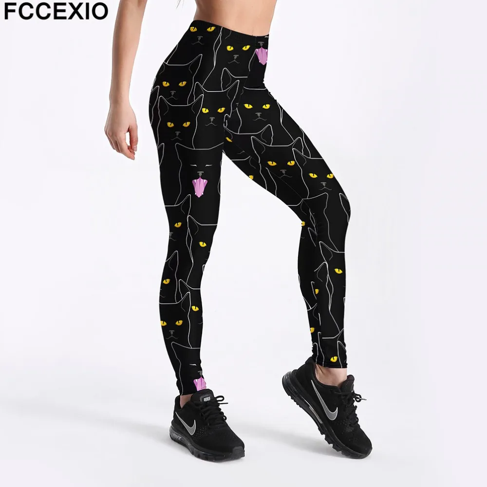 FCCEXIO, женские леггинсы для тренировок, высокая талия, леггинсы для фитнеса, желтые глаза, кошка, 3D принт, леггинсы, женские штаны, леггинсы большого размера