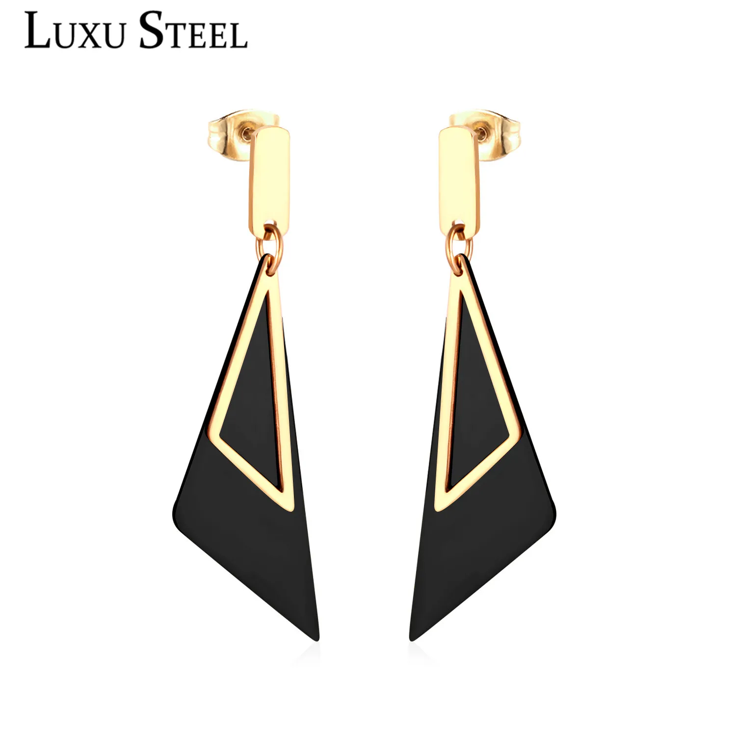 

LUXUSTEEL Women Accessories Behemia Style Gold Black Shell Drop Earring Stainless Steel Triangle Pendant Long Earrings Party