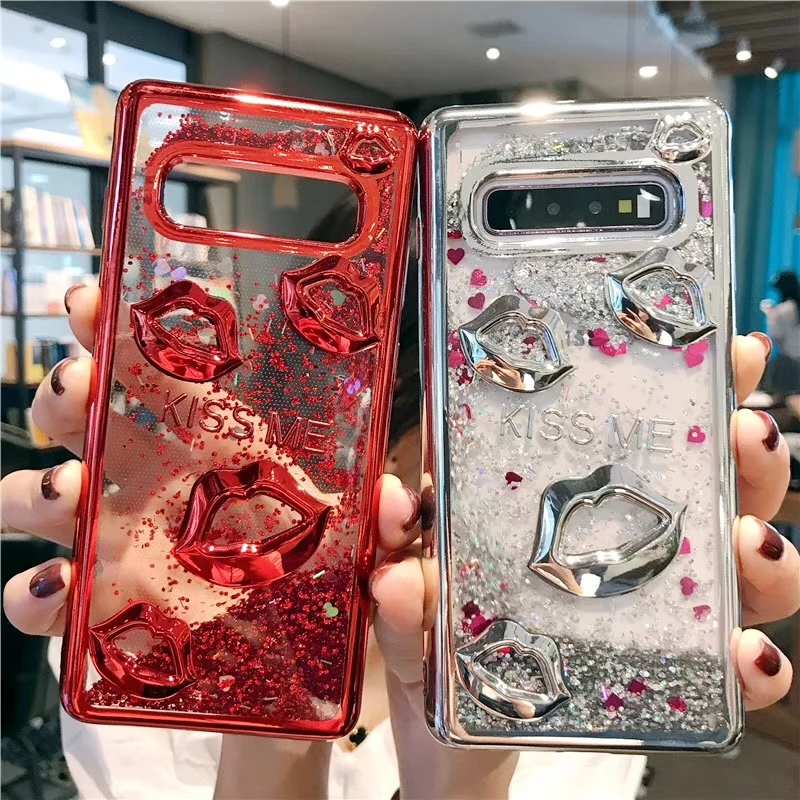 

luxury Lips Glitter Liquid quicksand Love Heart Cases Coque Shell For Samsung S10 S10plus S10E electroplated Phone Case