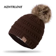 High Quality Letter CC Beanies Cotton Add Wool Fur Ball Cap Pom Poms Winter Hat For Women Girl ‘s Hat Knitted Warm Beanies Cap