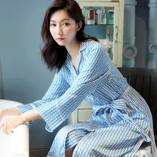 Женская пижама, длинный рукав, тонкая, весна и осень, шелк, ночная рубашка, полный длинный халат, женское белье, платье, розовая пижама, халат, ночная рубашка