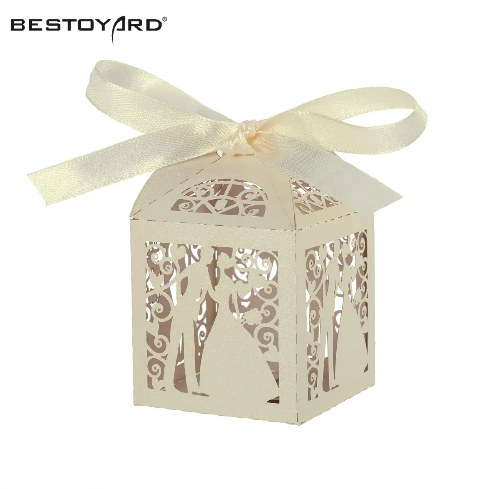 

Couple Design Luxury Lase Cut Wedding Sweets DIY Candy Gift Favour Boxes Wedding Party Candy Box With Ribbon