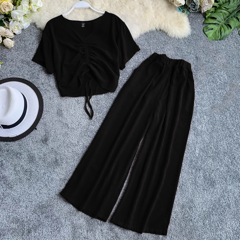

Taotrees Women Summer V-collar DrawString Short Sleeve Top + Elastic Waist Wide Leg Trousers Two-piece Set Female