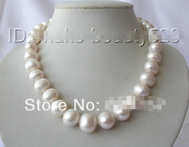 

Hot sell -Real natural Freshwater jewelry stunning big 14mm round white freshwater cultured pearl necklace Silver hook -Bridal j