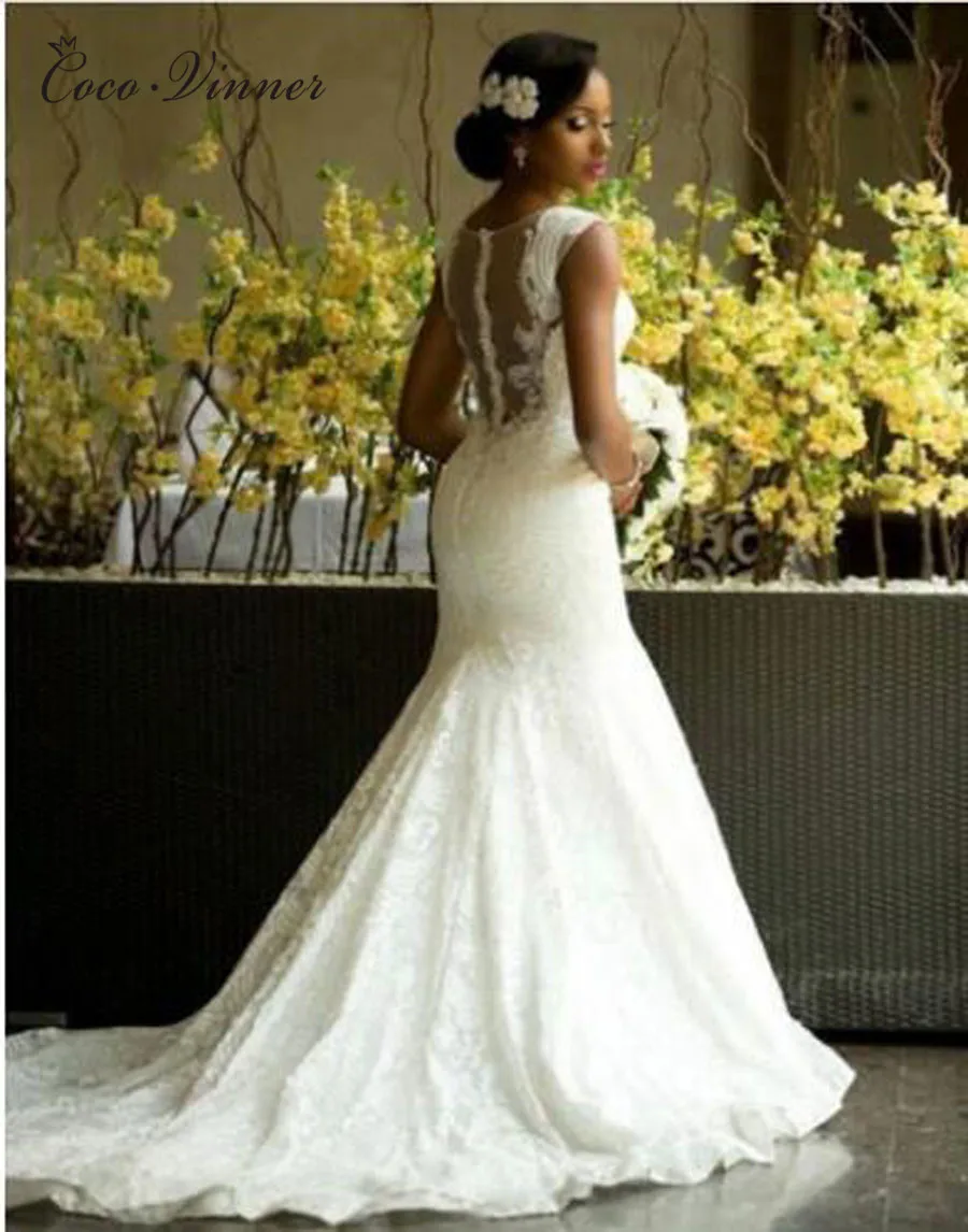 Свадебные платья русалки для свадьбы, винтажное кружевное свадебное платье с прозрачным вырезом на спине, большие размеры, белый шлейф W0406