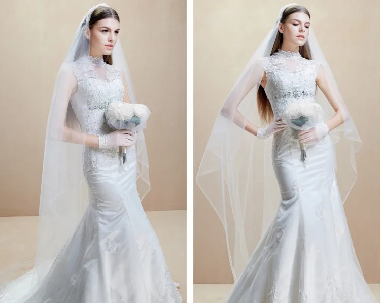 

free shipping robe de soiree vestido de noiva 2014 new hot highneck casamento long mermaid appliques wedding Dresses bridal gown