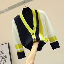 Ленивый ветер трикотажные кардиганы короткая верхняя одежда для женщин Новинка весна осень Бисероплетение V образным вырезом цвет блок с длинным рукавом Вязанный свитер