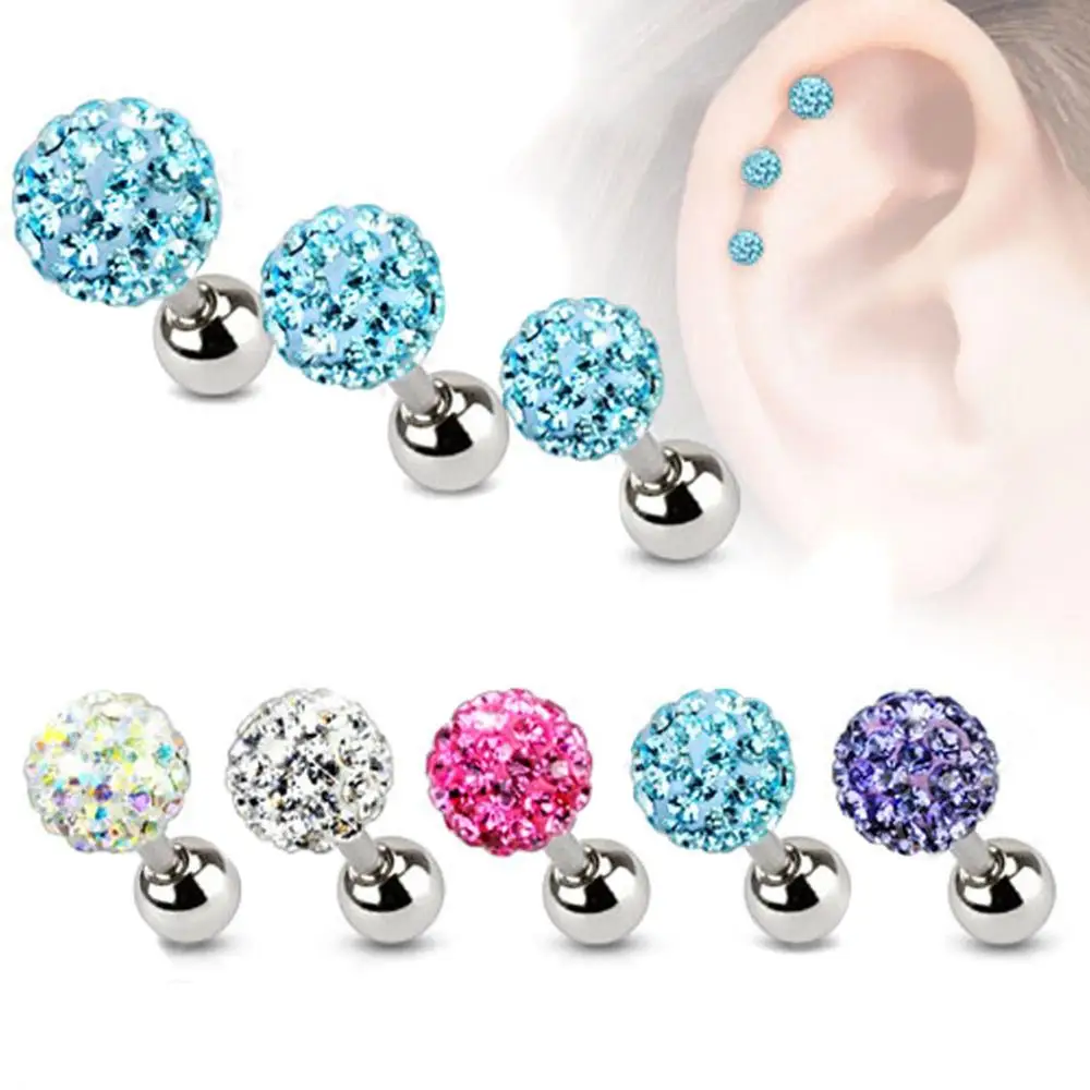 

1pc Full Crystal Ball Earrings Bone Stud Stainless Steel Body Piercing Jewelry Barbell Tongue Ring