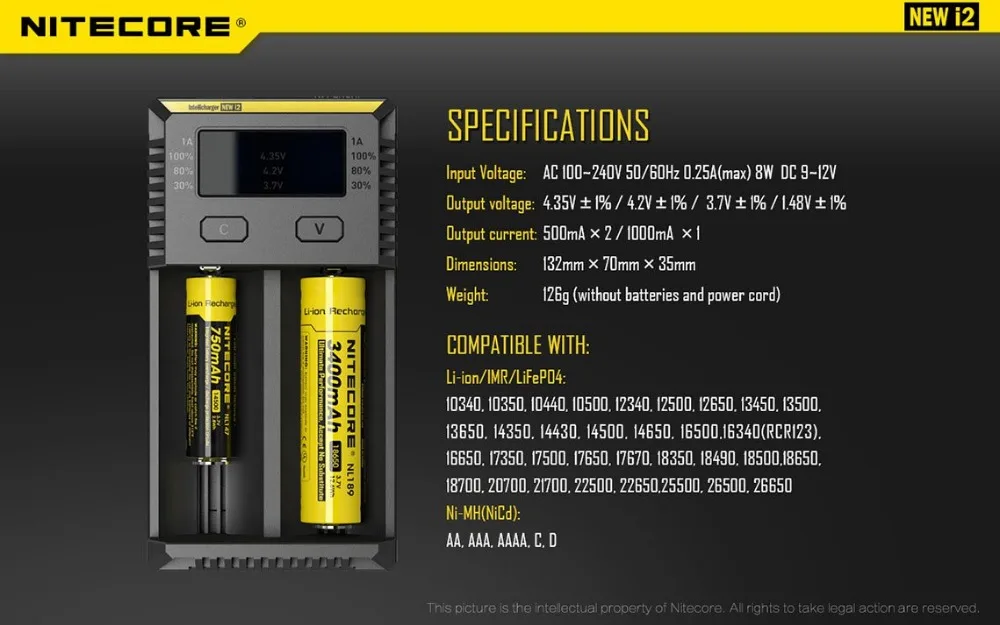 Nitecore D4 D2 I4 I2 ЖК-дисплей интеллигентая(ый) Зарядное устройство Li-Ion 18650 14500 16340 26650 AAA AA 12V Батарея Зарядное устройство автомобиля ЕС