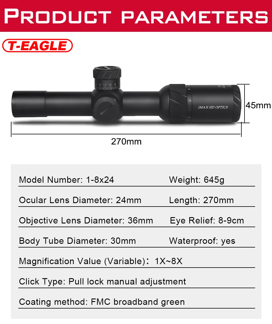 Оригинальный T-Орел ED 1-8x24 ИК Тактический RiflesScope для AirRifle Снайпер Охота оптики взгляд осветить прицел для съемки