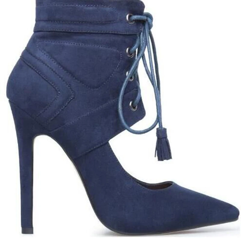 

New Roman Style Pointed Toe High Heels Fashion Women Stilettos Cut-outs Crosspy Strappy Fringed Pumps Deep Blue Women Shoes