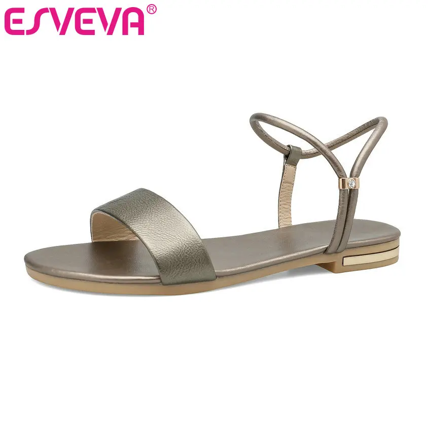 

ESVEVA 2019 Women Sandals Comfortable Flat Heel Slip On Champagne PU Leather Elegant Ladies Shoes Summer Size 34-43