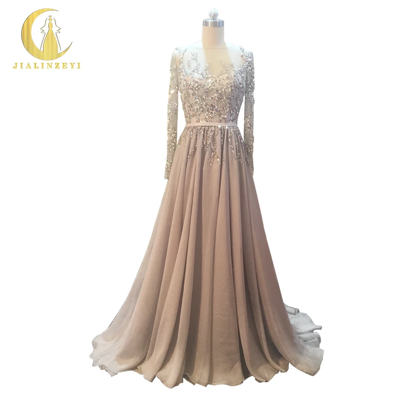 

Rhine Real Sample Image Long Sleeves Sequins Beads Sexy Open Back Chiffon Court Train A-line Elie Saab Evening dresses