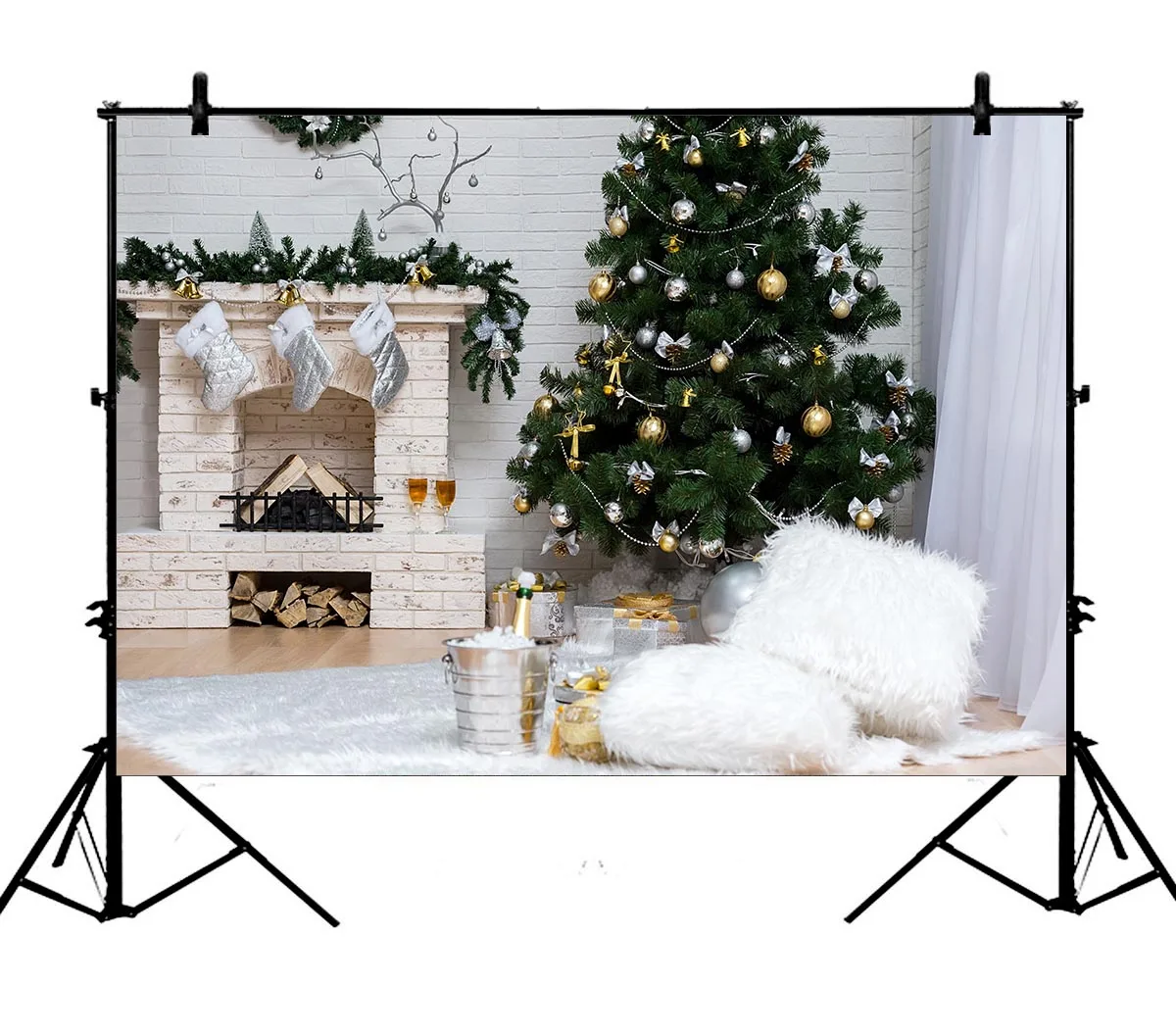 

5x7ft Christmas Tree Fireplace Stocking Carpet Gifts Box Fire Polyester Photo Background Portrait Backdrop