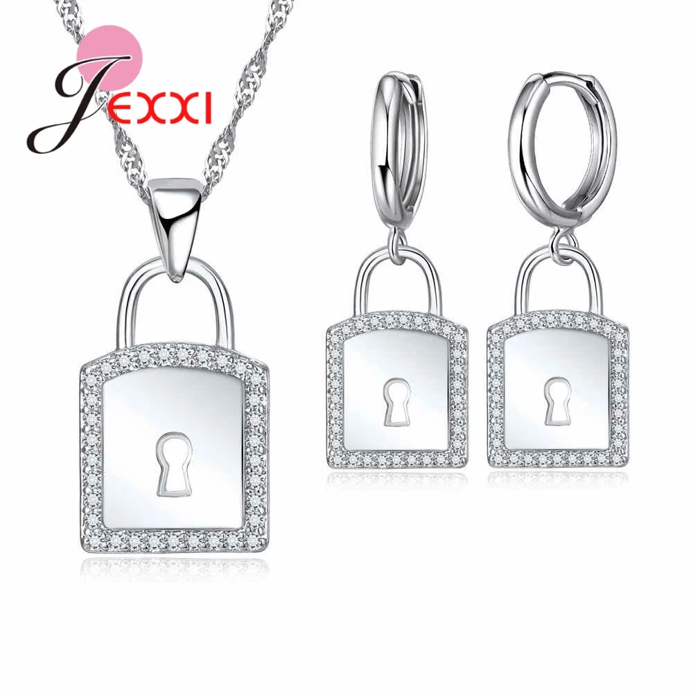 

JEXXI Lovely 925 Sterling Silver Lock Pendants Necklaces Earring Set For Women Wedding Engagement Bridal Jewelry Sets Accessory