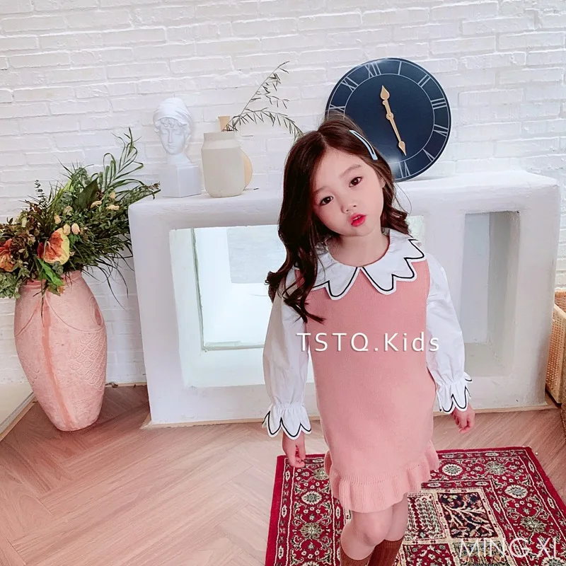 

2019 spring new children's clothing girls vest skirt children's knitted vest dress with shirt two-piece