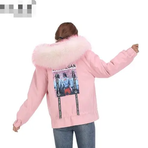Capuchon À Light Doublure Col Blue Longues Veste Nouvelle Lapin D'hiver Manteau Casual 2018 pink black Fourrure Femelle Manches Mode Femmes Réel De Retour Parka Impression w7qIfx