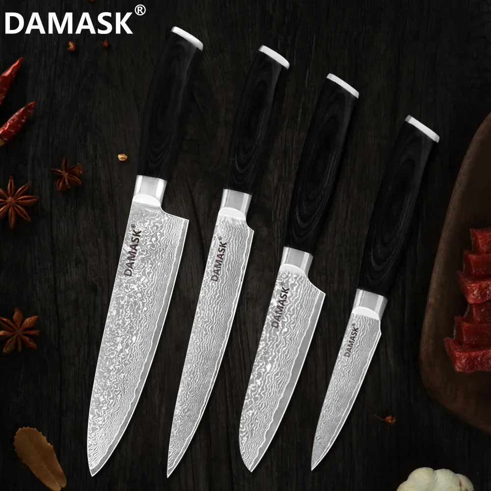 

Damask Damascus Steel Knife Set 4 Piece Set Damascus Blade Kitchen Knives Set Japan Best Cutery Chef Slicing Santoku Paring Knie