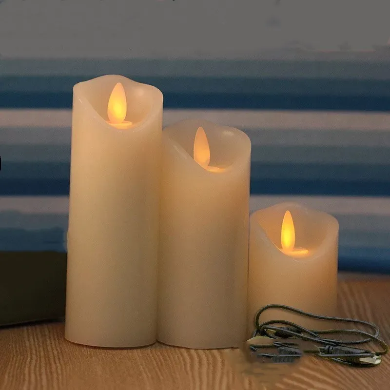 

set of 3 USB powered Rechargeable led pillar paraffin candle wavy edge moving wick Wedding Xmas Party bar decor-12.5CM-15CM-18CM