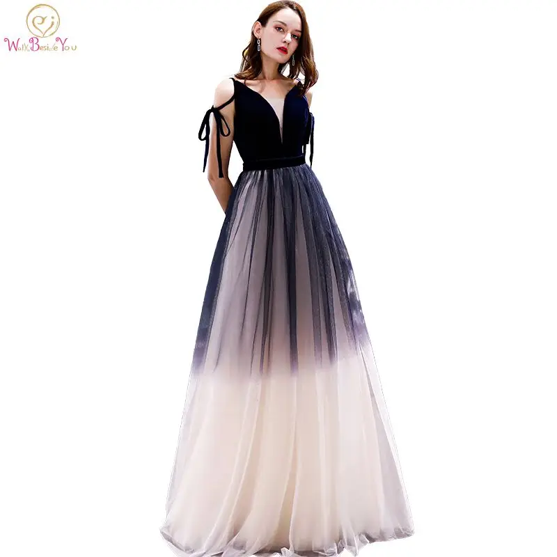

Navy Blue Prom Dresses Gradient Color Champagne Tulle V-neck Off Shoulder Elegant A-line Long Empire Waist Evening Gowns Stock
