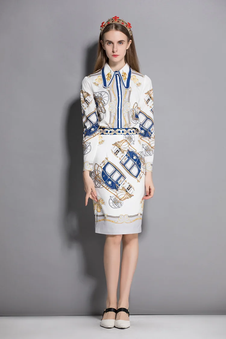 Manches Mode Femmes Deux Avec Multi Imprimé Longues Robes Chemises Ensembles De Le Perles Vers Jupes Pièces Floral Tournent Crayon Bas YW6fqYn