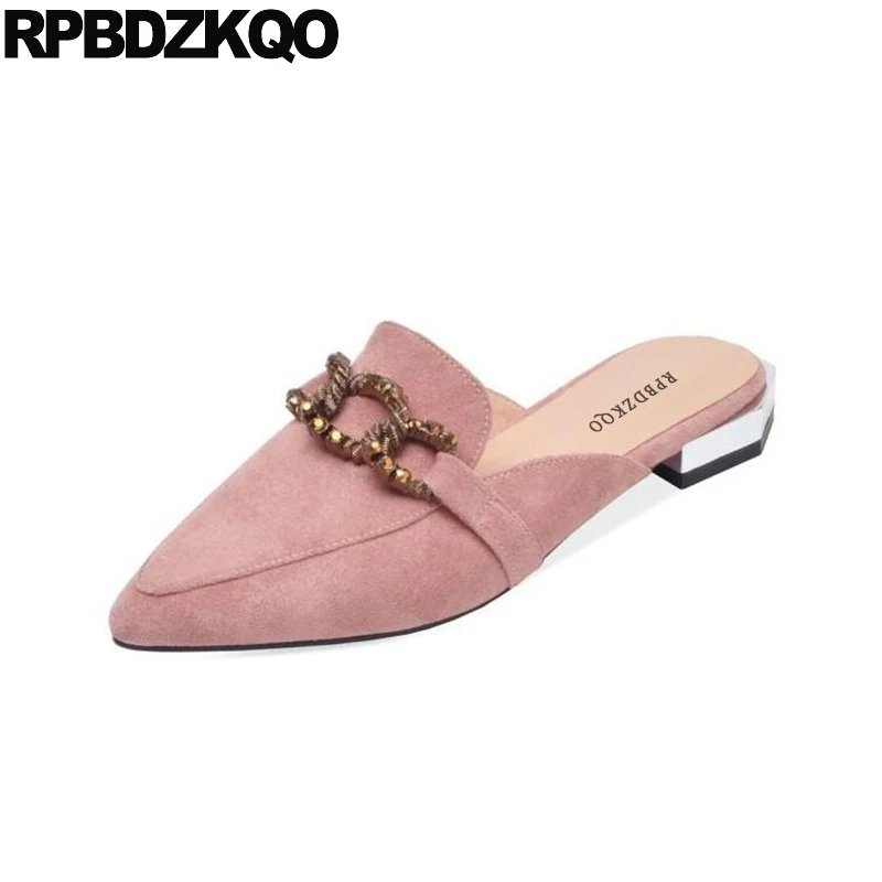 

british style 12 44 slippers large size mules women dress shoes metal 43 10 chain pointed toe pink designer suede flats china
