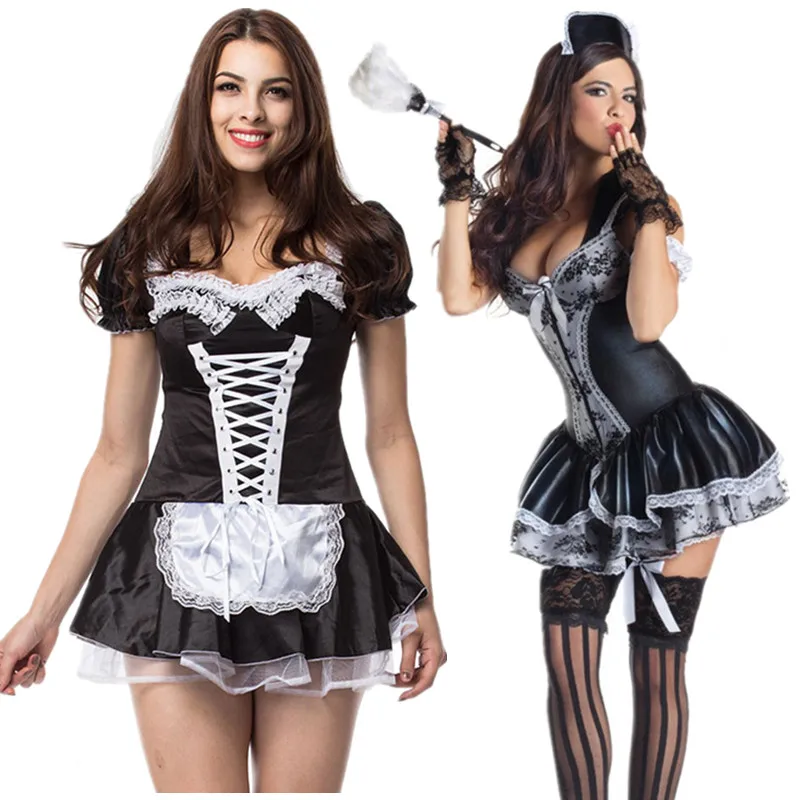

S-6XL Adult Women Black&White French Maid Lolita Dress Halloween Fancy Dress Short Sleeve Sexy French Servant Costumes