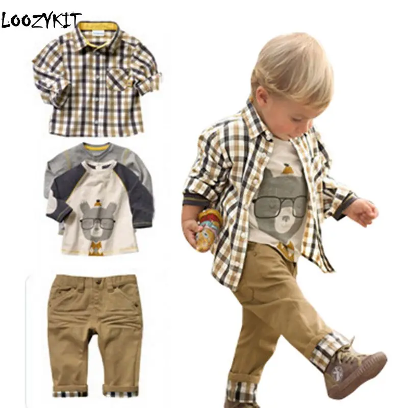 Loozykit أطقم ملابس أولاد الربيع الخريف الملابس مجموعات طويلة الأكمام تي شيرت + قميص معطف + بانت 3 قطعة الاطفال الفتيان عارضة القماش