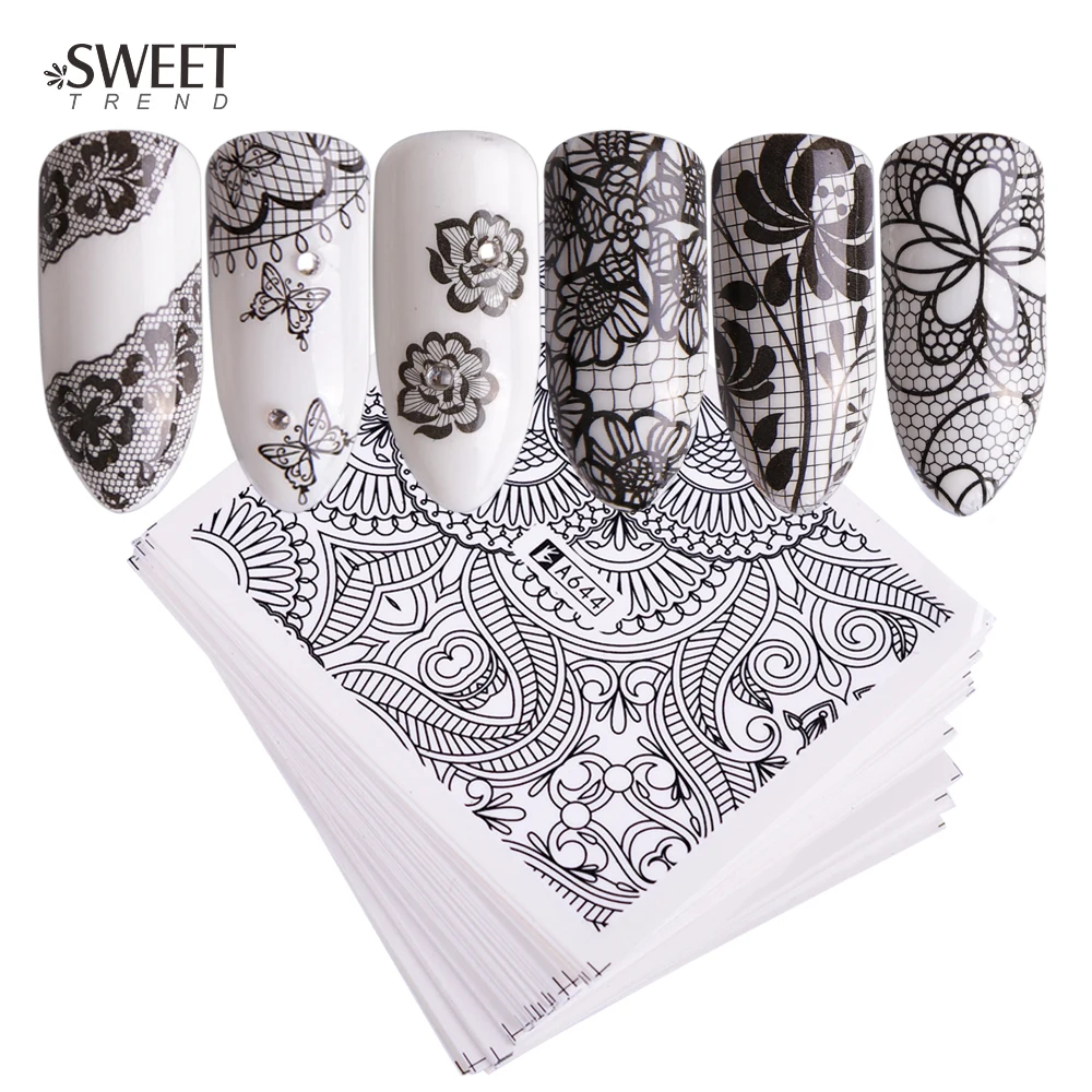 40 листов/lot дизайн ногтей, переводятся с помощью воды черные кружевные цветы дизайн DIY маникюр-наклейки для ногтей украшения для кончиков ногтей, Фольга комплект LAA625-672