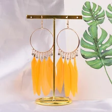 Nuevos pendientes amarillos bohemios de plumas grandes y Vintage con borla étnica de verano, Pendientes colgantes de declaración, joyería India HQE953