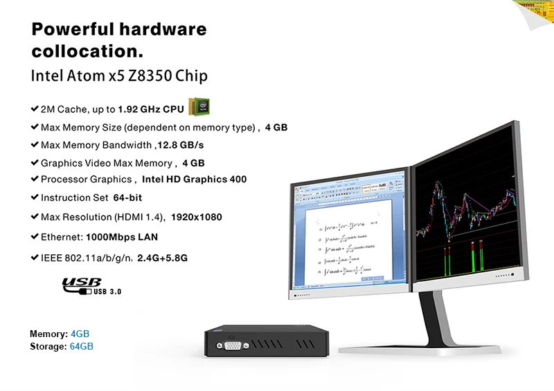 Z83V 4G 64G CPU intel atom Z8350 windows10 mini pc 1000M lan HD VGA dual display genuine windows10 mini desktop