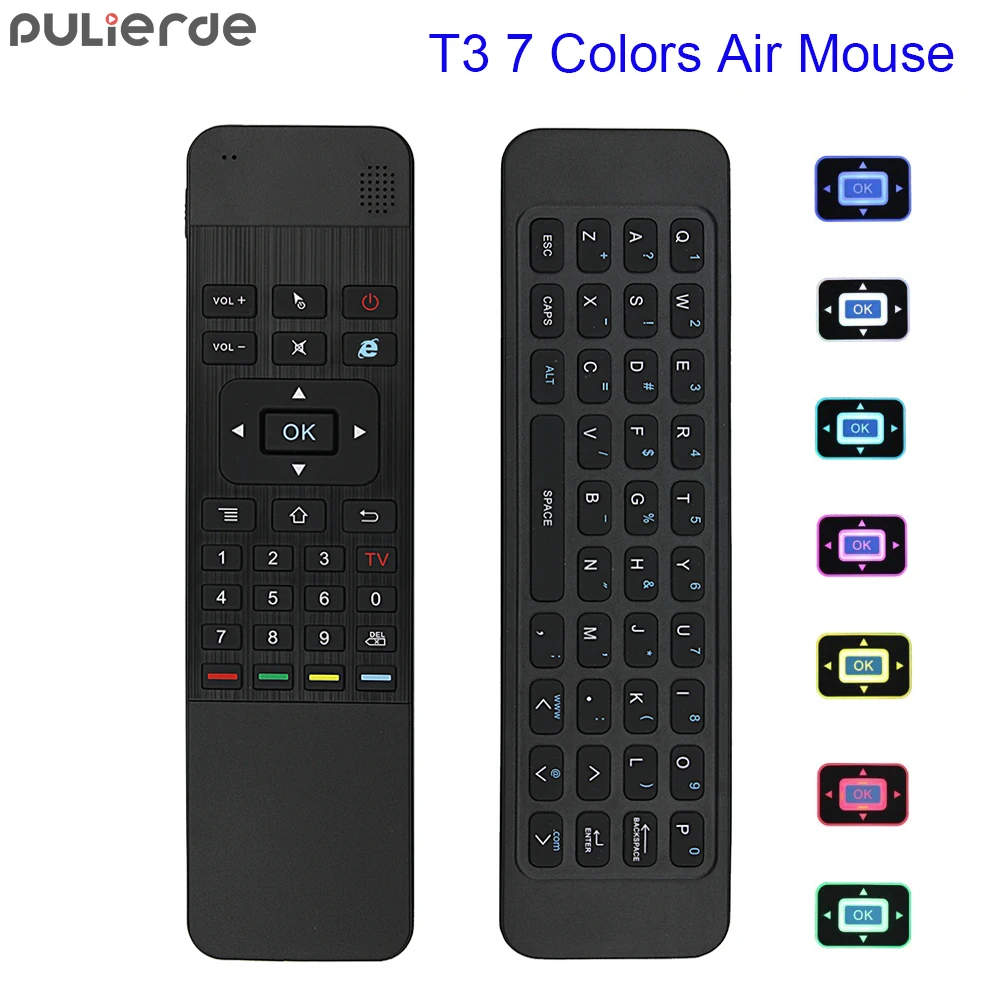 

PULIERDE T3 2.4GHz English Wireless Keyboard IR learning extend Remote Control 7 color Backlit Mini Air Mouse For TV BOX