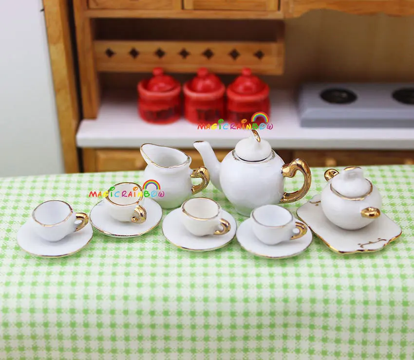 

Dollhouse Miniature 1:6 Porcelain Tableware Teapot Coffee Cups Saucer Tray Plate Tea Set Pot Dining Room Kitchen 12pcs white