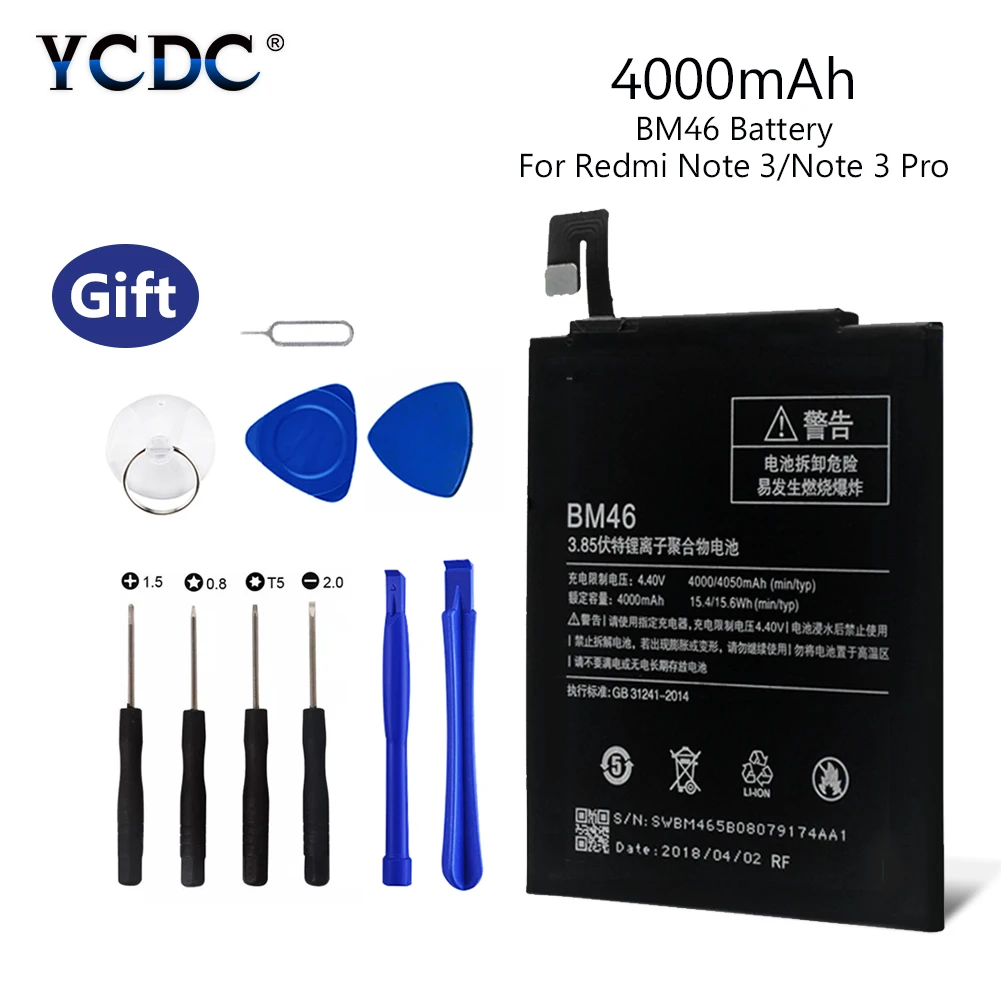 

Original New BM46 4000mAh Battery Replacement For Xiaomi Redmi Hongmi Note 3 Note 3 Pro + 10-in-1 Phones Fix Tool Set + Cable